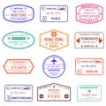 Visa stamp set. Passport stamps with New York, Amsterdam, Toronto, Sydney, Paris, Berlin, Hong Kong and Rome airports.